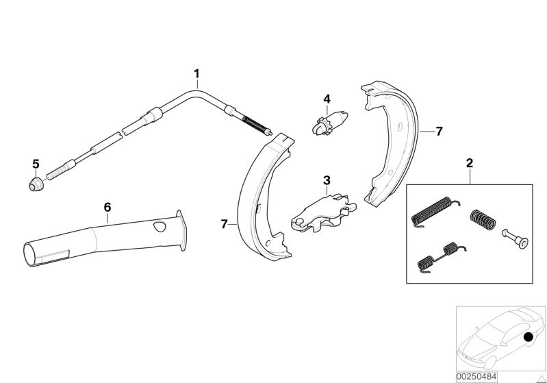 Picture board PARKING BRAKE/BRAKE SHOES for the BMW 3 Series models  Original BMW spare parts from the electronic parts catalog (ETK) for BMW motor vehicles (car)   Adjusting screw, EXPANDING LOCK, Guide bush, LEFT HAND BRAKE BOWDEN CABLE, Repair kit brak