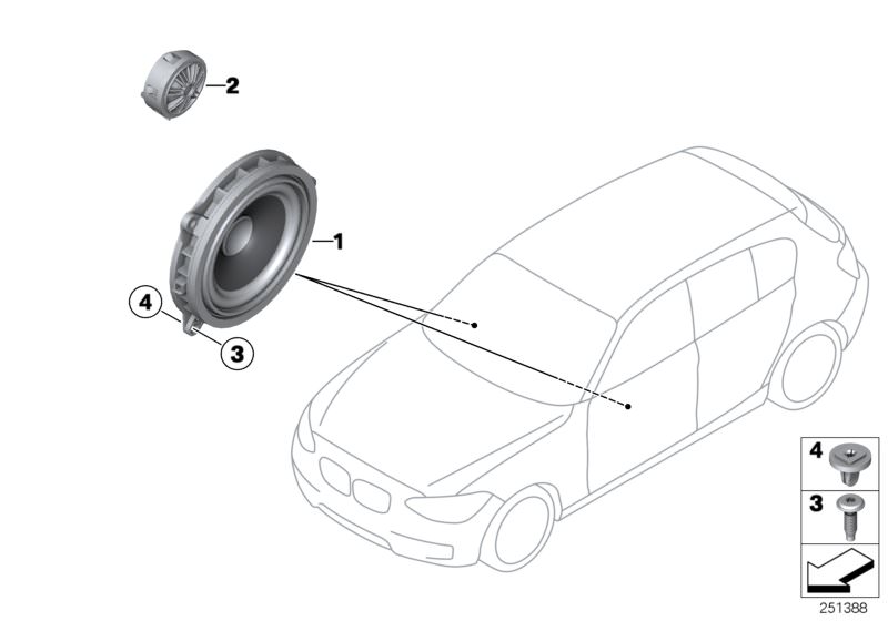 Picture board SINGLE PARTS F FRONT DOOR LOUDSPEAKER for the BMW 1 Series models  Original BMW spare parts from the electronic parts catalog (ETK) for BMW motor vehicles (car)   Expanding nut, Fillister head screw, Mid-range speaker, stereo/HiFi, Top-hifi 
