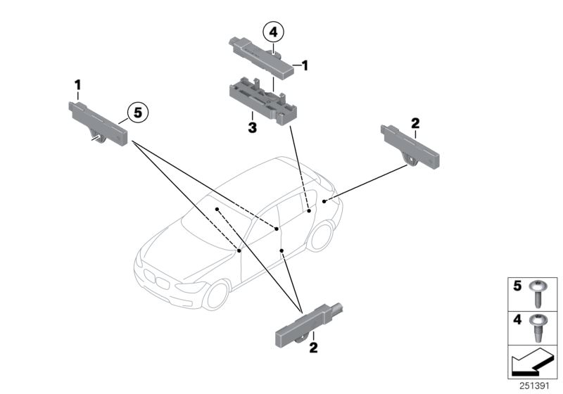 Picture board Single parts, aerial, comfort access for the BMW 1 Series models  Original BMW spare parts from the electronic parts catalog (ETK) for BMW motor vehicles (car)   External aerial, Comfort Access, Holder, aerial, luggage compartment, Interior 