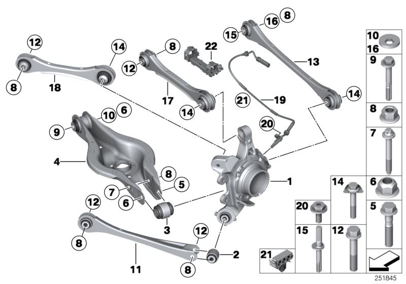 Picture board REAR AXLE SUPPORT/WHEEL SUSPENSION for the BMW 2 Series models  Original BMW spare parts from the electronic parts catalog (ETK) for BMW motor vehicles (car)   Ball joint, Cable clip, triple, Eccentric bolt, Eccentric flat washer, Guiding su
