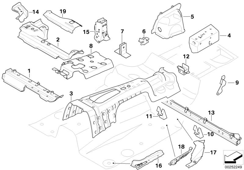 Picture board Partition trunk/Floor parts for the BMW 1 Series models  Original BMW spare parts from the electronic parts catalog (ETK) for BMW motor vehicles (car)   BRACKET BACKREST OUTER RIGHT, Bracket f shifting arm bearing, Bracket for centre tension