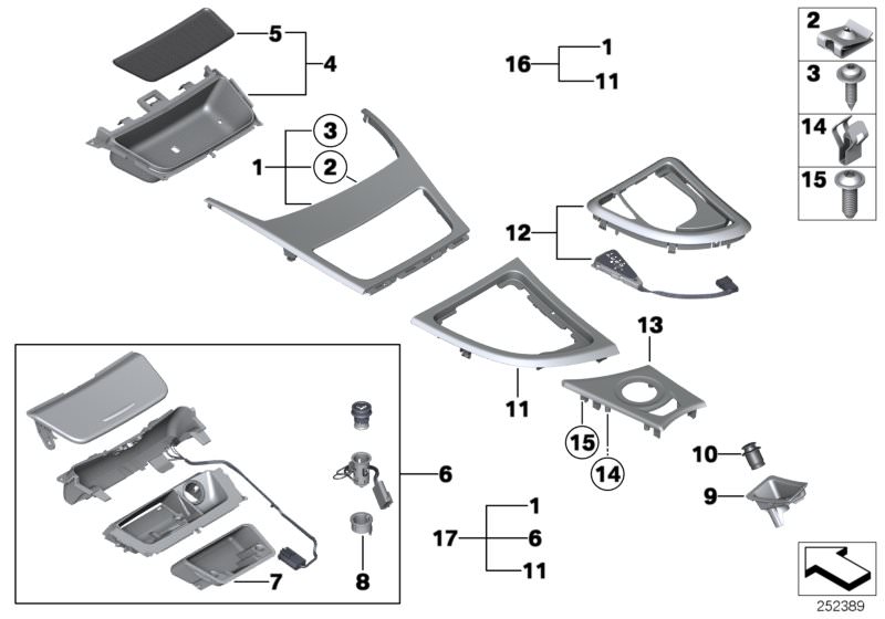 Picture board Mounted parts for centre console for the BMW 1 Series models  Original BMW spare parts from the electronic parts catalog (ETK) for BMW motor vehicles (car)   Ashtray insert, Ashtray, mirror-finish black, Body nut, Clamp, Cover, central contr