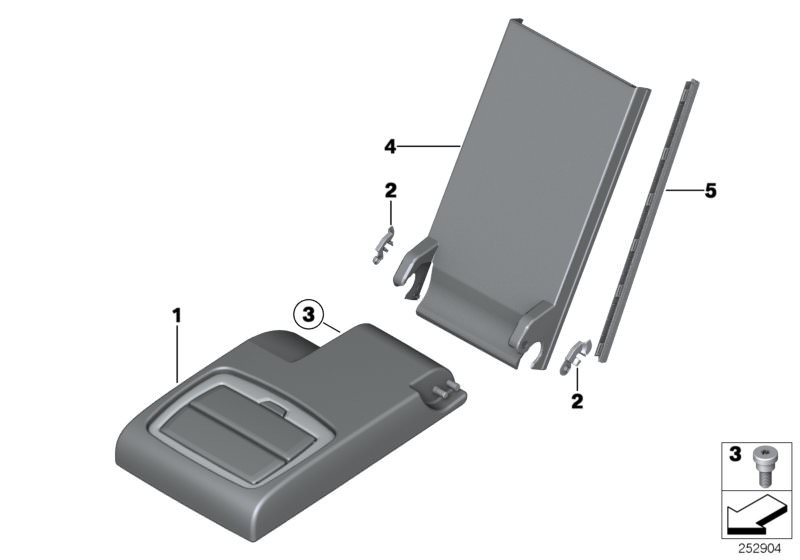 Picture board Rear seat centre armrest for the BMW X Series models  Original BMW spare parts from the electronic parts catalog (ETK) for BMW motor vehicles (car)   Centre arm rest, imitation leather, Cover, Fillister head screw, Locking element, right, Tr