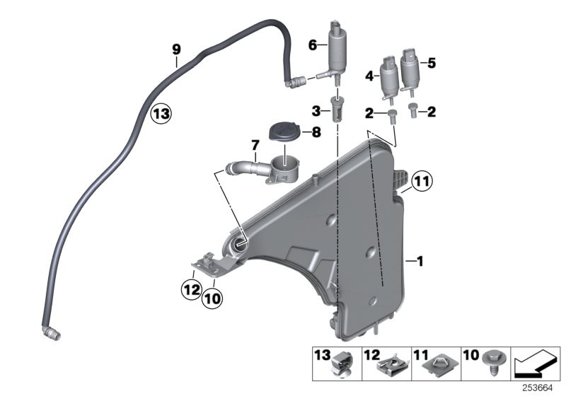 Picture board Reservoir,windscr./headlight washer sys. for the BMW 3 Series models  Original BMW spare parts from the electronic parts catalog (ETK) for BMW motor vehicles (car)   Bracket, plug connection black, C-clip nut, Cable clip, Cover f windshield 