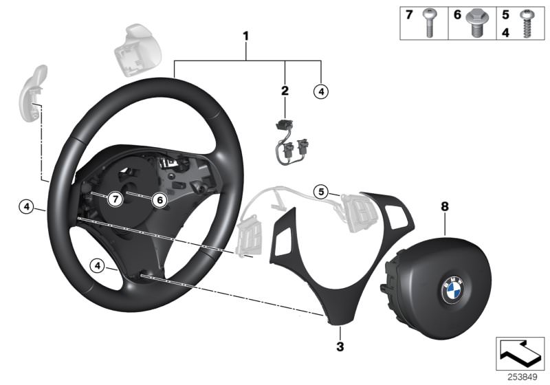 Picture board Sport st.wheel, airbag, multif./paddles for the BMW 3 Series models  Original BMW spare parts from the electronic parts catalog (ETK) for BMW motor vehicles (car)   Airbag module, driver´s side, Connecting line airbag / coil spring, Cover,st