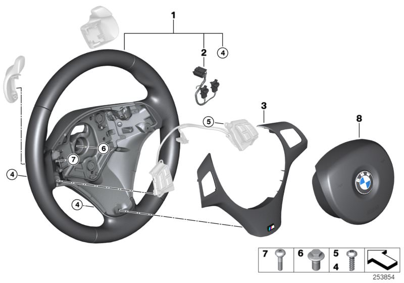 Picture board M sport st.wheel,airbag,multif./paddles for the BMW 3 Series models  Original BMW spare parts from the electronic parts catalog (ETK) for BMW motor vehicles (car)   Airbag module, driver´s side, Connecting line airbag / coil spring, Cover, M