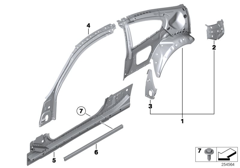 Picture board BODY-SIDE FRAME-PARTS for the BMW 6 Series models  Original BMW spare parts from the electronic parts catalog (ETK) for BMW motor vehicles (car)   Connector, A-pillar/roof frame left, Cover panel, wheel house, right, Frame side member, inner