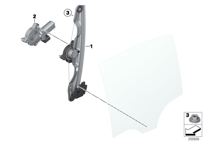 Picture board DOOR WINDOW LIFTING MECHANISM REAR for the BMW 3 Series models  Original BMW spare parts from the electronic parts catalog (ETK) for BMW motor vehicles (car)   Drive, window lifter, rear left, Hex nut, Window lifter without motor, rear left