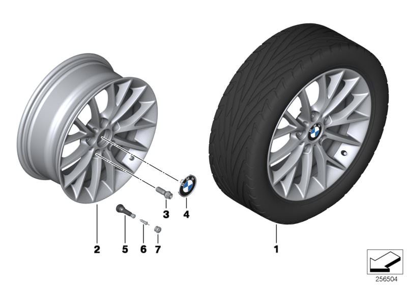 Picture board BMW LA wheel Y-spoke 380 for the BMW 2 Series models  Original BMW spare parts from the electronic parts catalog (ETK) for BMW motor vehicles (car)   Hub cap with chrome edge, Light alloy disc wheel Reflexsilber, Rubber valve, Set complete a