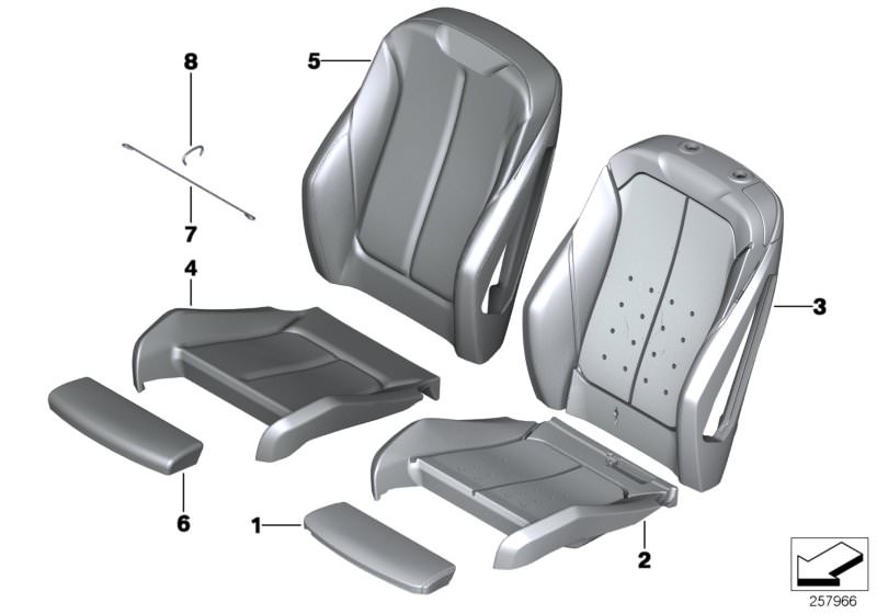 Picture board Seat, front, cushion &cover, sports seat for the BMW 3 Series models  Original BMW spare parts from the electronic parts catalog (ETK) for BMW motor vehicles (car)   Clamp, Cover thigh support, Foam pad sport backrest left, Foam part, sports