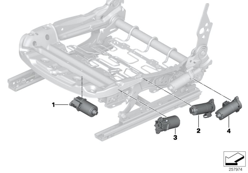 Picture board Seat, front, electrical system & drives for the BMW 2 Series models  Original BMW spare parts from the electronic parts catalog (ETK) for BMW motor vehicles (car)   Engine, backrest adjustment, Engine, longitudinal seat adjustment, Engine, s