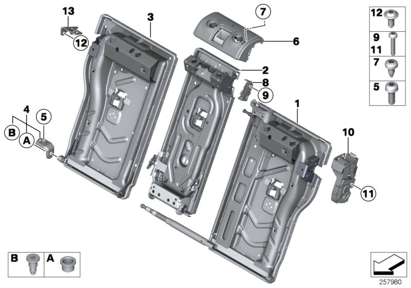 Picture board Seat, rear, seat frame, through-loading for the BMW 1 Series models  Original BMW spare parts from the electronic parts catalog (ETK) for BMW motor vehicles (car)   Actuation unit, BAR LEFT, CATCH REAR RIGHT, Fillister head screw, Frame Back