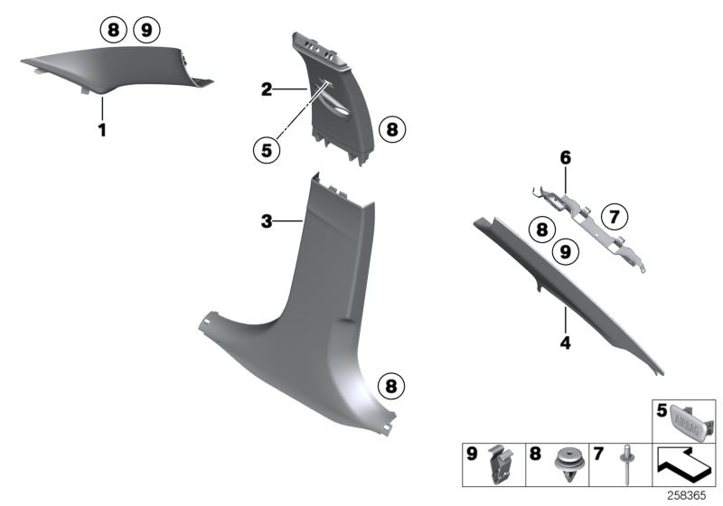 Picture board Trim panel A- / B- / C-Column for the BMW 3 Series models  Original BMW spare parts from the electronic parts catalog (ETK) for BMW motor vehicles (car)   Blind rivet, Bracket, column C cover, right, Clamp, Clip Natur, Cover cap ´´Airbag´´, 