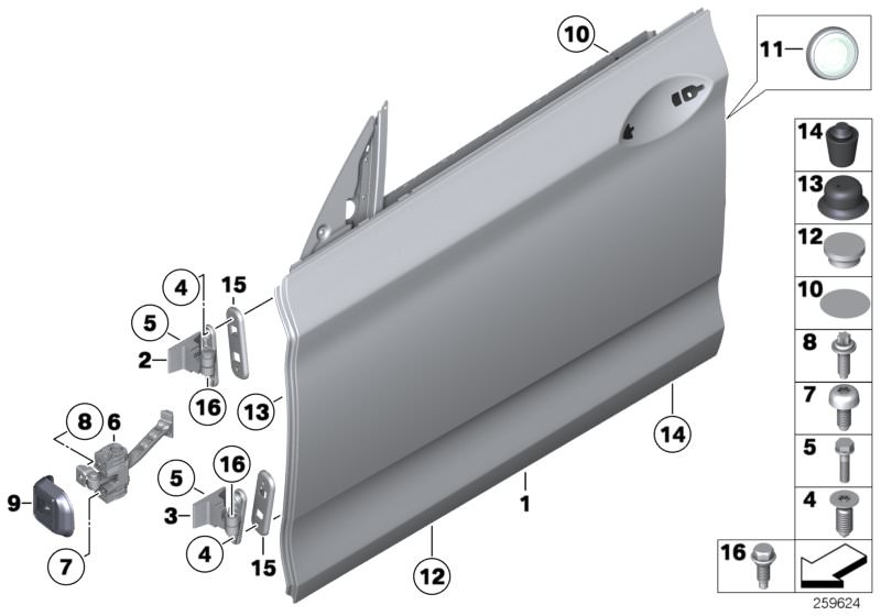 Picture board FRONT DOOR-HINGE/DOOR BRAKE for the BMW 5 Series models  Original BMW spare parts from the electronic parts catalog (ETK) for BMW motor vehicles (car)   Blind plug, Compensating plate, Door, front, right, FRONT DOOR BRAKE, Front door brake g
