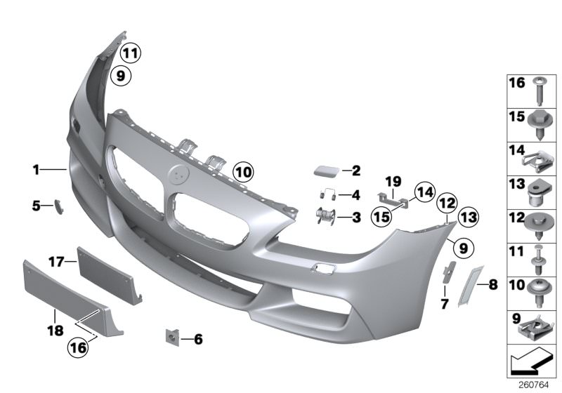 Picture board M trim panel, front for the BMW 6 Series models  Original BMW spare parts from the electronic parts catalog (ETK) for BMW motor vehicles (car)   Bracket, right, C-clip nut, C-clip nut, self-locking, Cover, towing lug, front, primed, Expandin