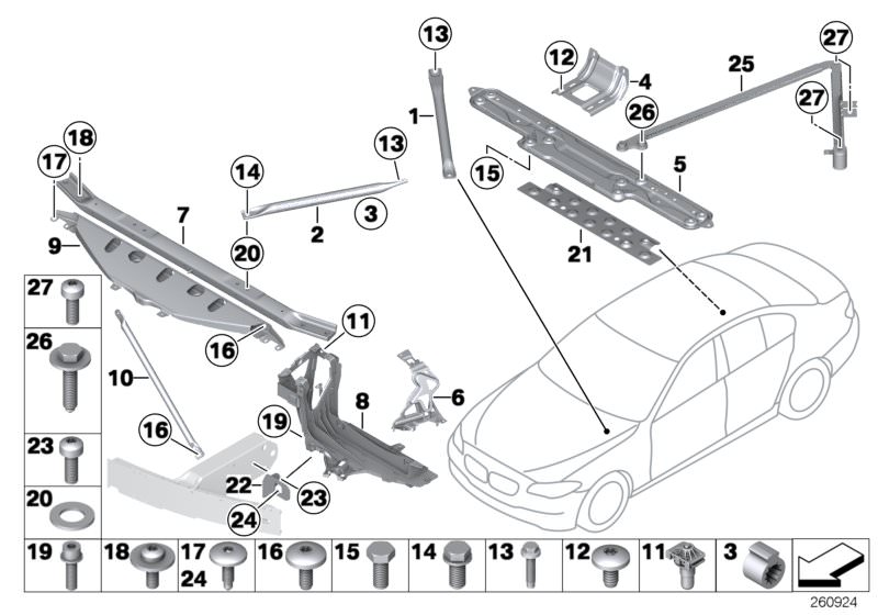 Picture board Reinforcement, body for the BMW 5 Series models  Original BMW spare parts from the electronic parts catalog (ETK) for BMW motor vehicles (car)   Adjustment element, Bracket, right, Connecting member, rear tunnel, Connection, top front, Conne