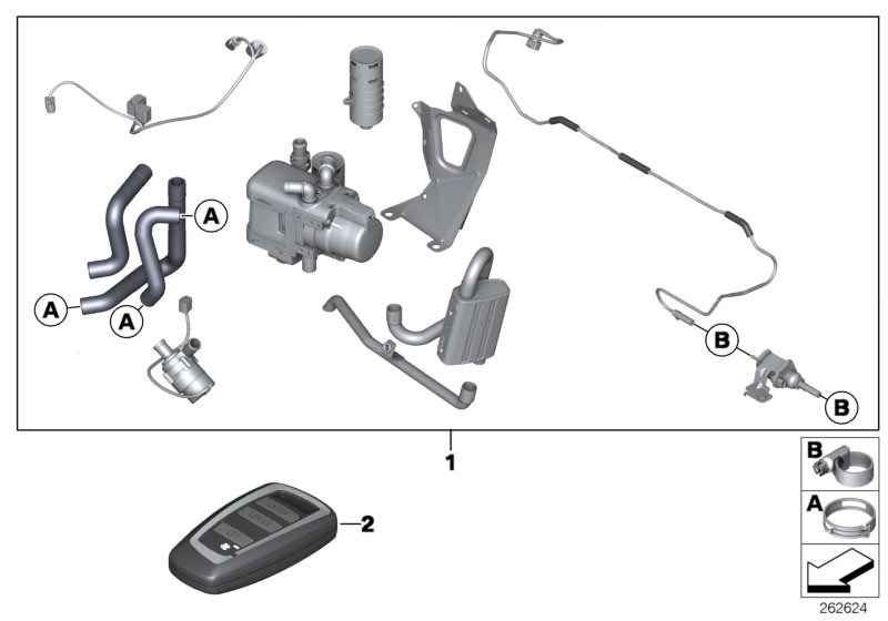 Illustration du Kit de montage chauffage auxiliaire pour les BMW 5 Série Modèles  Pièces de rechange d'origine BMW du catalogue de pièces électroniques (ETK) pour véhicules automobiles BMW (voiture) 