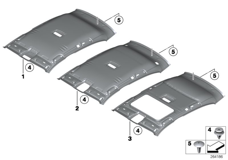 Picture board Headlining for the BMW 1 Series models  Original BMW spare parts from the electronic parts catalog (ETK) for BMW motor vehicles (car)   Clip Natur, Expanding rivet, Headlining, Headlining, lift-up & slide-back sunroof