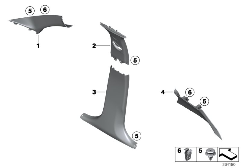 Picture board Trim panel A- / B- / C-Column for the BMW 1 Series models  Original BMW spare parts from the electronic parts catalog (ETK) for BMW motor vehicles (car)   Clamp, Clip Natur, Cover column C right, Cover, B-column bottom right, Cover, B-column