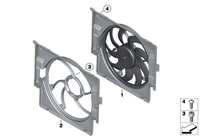 Picture board Fan housing with fan for the BMW 3 Series models  Original BMW spare parts from the electronic parts catalog (ETK) for BMW motor vehicles (car)   Fan housing with fan, Fan shroud, Fillister head screw, Screw, self tapping
