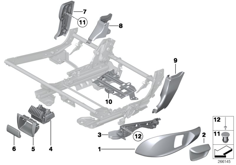 Picture board Seat, rear, seat trims for the BMW 5 Series models  Original BMW spare parts from the electronic parts catalog (ETK) for BMW motor vehicles (car)   Blind rivet, Clip, Cover, Cover, release, Covering inner right, Covering outer right, Fasteni
