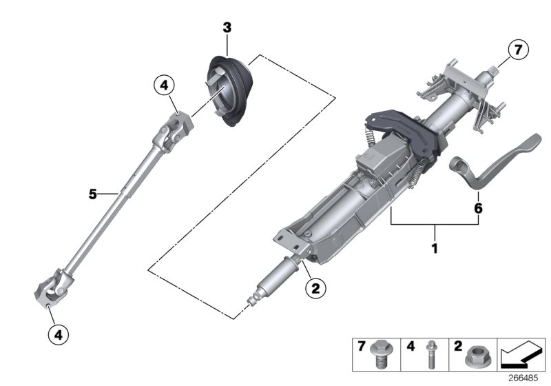 Picture board Steering column man.adjust./Mount. parts for the BMW 1 Series models  Original BMW spare parts from the electronic parts catalog (ETK) for BMW motor vehicles (car)   Adjust-lever, Hex nut, Manually adjust. steering column, Screw M microencap