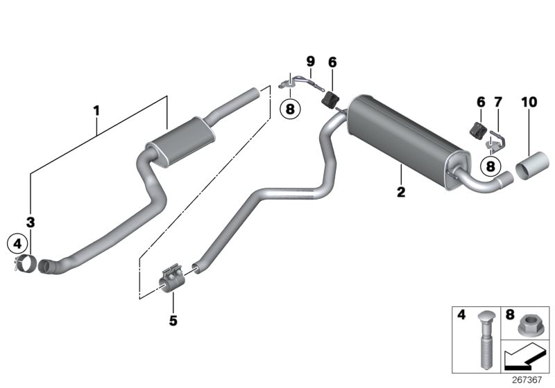 Picture board Exhaust system, rear for the BMW 1 Series models  Original BMW spare parts from the electronic parts catalog (ETK) for BMW motor vehicles (car)   Bracket for rear silencer, left, Bracket, rear silencer right, CLAMPING BUSH, FRONT SILENCER, H