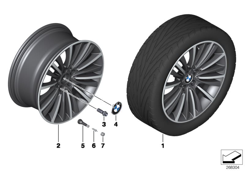 Picture board BMW LA wheel, W spoke 423 - 19´´ for the BMW 5 Series models  Original BMW spare parts from the electronic parts catalog (ETK) for BMW motor vehicles (car)   Disc wheel, light alloy, bright-turned, Hub cap with chrome edge, Screw-in valve, R