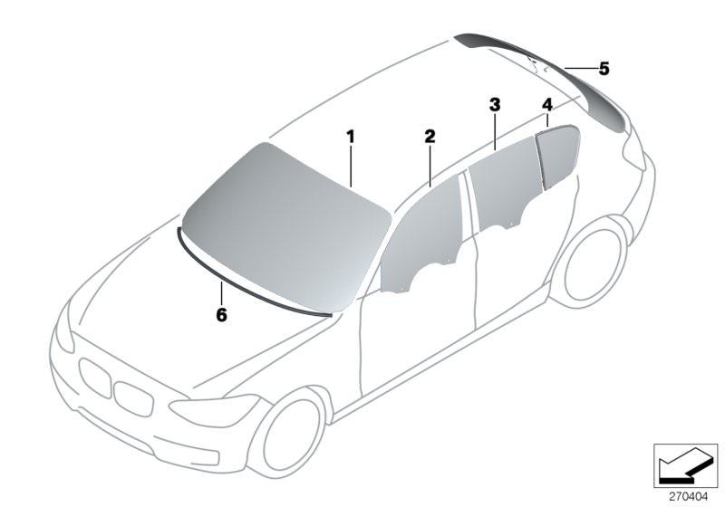 Picture board Glazing for the BMW 1 Series models  Original BMW spare parts from the electronic parts catalog (ETK) for BMW motor vehicles (car)   Door window, front right, Door window, rear left, Green windscreen, Rear window, Side window, fixed, rear le