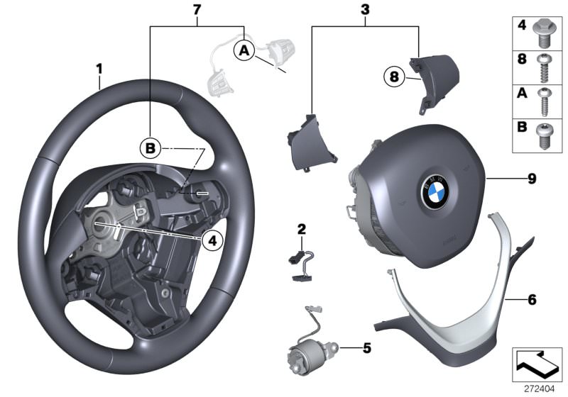 Picture board Airbag sports steering wheel, leather for the BMW 1 Series models  Original BMW spare parts from the electronic parts catalog (ETK) for BMW motor vehicles (car)   Airbag module, driver´s side, connecting line, steering wheel, Cover,steer.whe