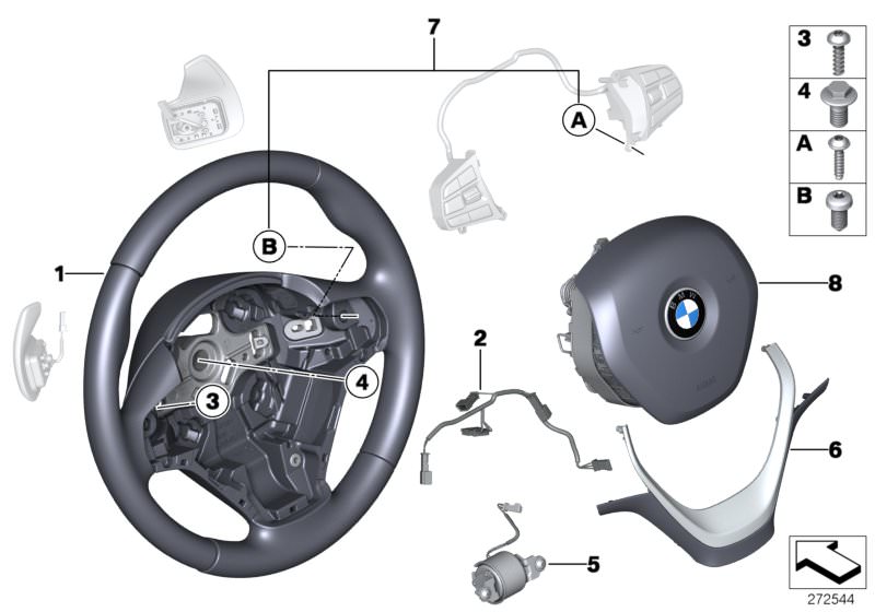 Picture board Sport st.wheel, airbag, multif./paddles for the BMW 4 Series models  Original BMW spare parts from the electronic parts catalog (ETK) for BMW motor vehicles (car)   Airbag module, driver´s side, connecting line, steering wheel, Cover,steer.w