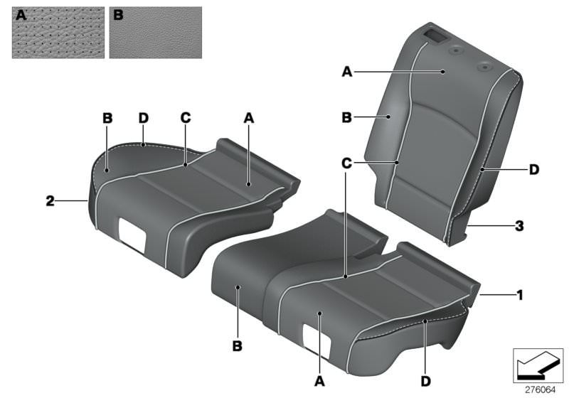 Picture board Individual basic seat, A/C leather, rear for the BMW 5 Series models  Original BMW spare parts from the electronic parts catalog (ETK) for BMW motor vehicles (car)   Cover, basic backrest, A/C leather, left, Cover, basic seat, A/C leather, l