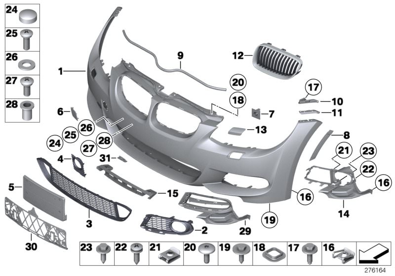 Picture board M trim panel, front for the BMW 3 Series models  Original BMW spare parts from the electronic parts catalog (ETK) for BMW motor vehicles (car)   Adapter strip, engine-comp. shielding, Blind rivet nut, flat headed, Body nut, BRACKET ACCELERAT