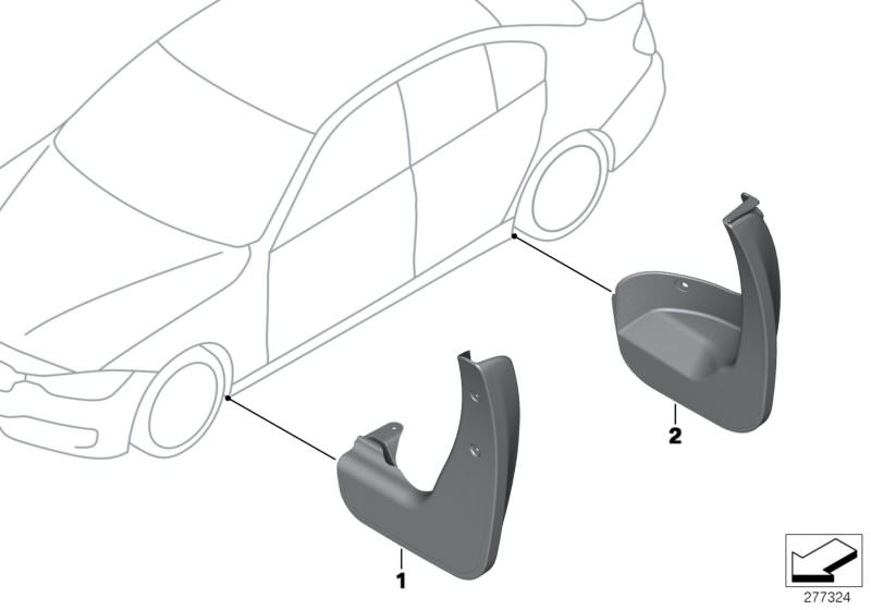 Illustration du Bavettes garde-boue pour les BMW 3 Série Modèles  Pièces de rechange d'origine BMW du catalogue de pièces électroniques (ETK) pour véhicules automobiles BMW (voiture) 