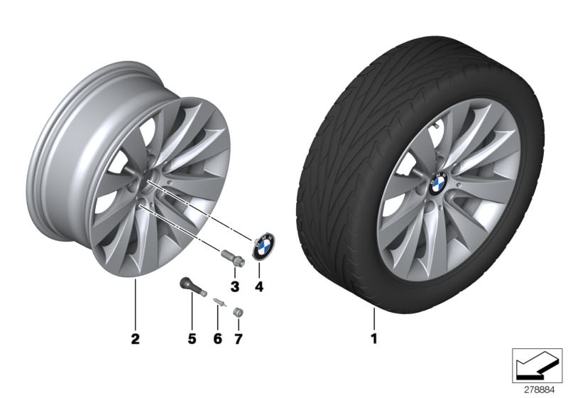 Picture board BMW LA wheel, V-spoke 413 - 17´´ for the BMW 4 Series models  Original BMW spare parts from the electronic parts catalog (ETK) for BMW motor vehicles (car)   Disc wheel, light alloy, reflex-silber, Hub cap with chrome edge, Rubber valve, Val