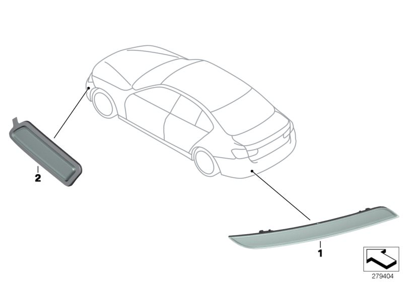 Illustration du Reflecteur pour les BMW 3 Série Modèles  Pièces de rechange d'origine BMW du catalogue de pièces électroniques (ETK) pour véhicules automobiles BMW (voiture)   Rear reflector, rear right, Side marker light, left