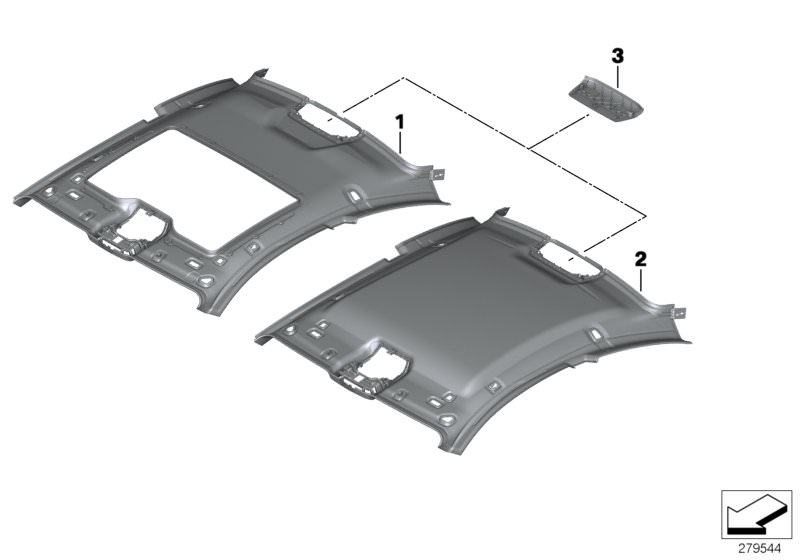 Picture board Individual moulded headliner, Alcantara for the BMW 6 Series models  Original BMW spare parts from the electronic parts catalog (ETK) for BMW motor vehicles (car)   Covering, rear, Moulded roofliner, Alcantara, Moulded roofliner, sunroof, Al