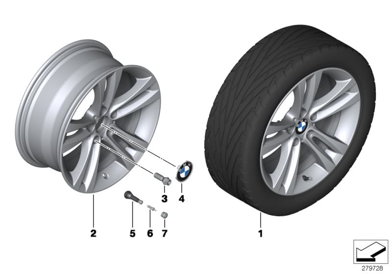 Picture board BMW LA wheel, double spoke 397 - 18´´ for the BMW 3 Series models  Original BMW spare parts from the electronic parts catalog (ETK) for BMW motor vehicles (car)   Hub cap with chrome edge, Light alloy rim Ferricgrey, Rubber valve, Valve, Val