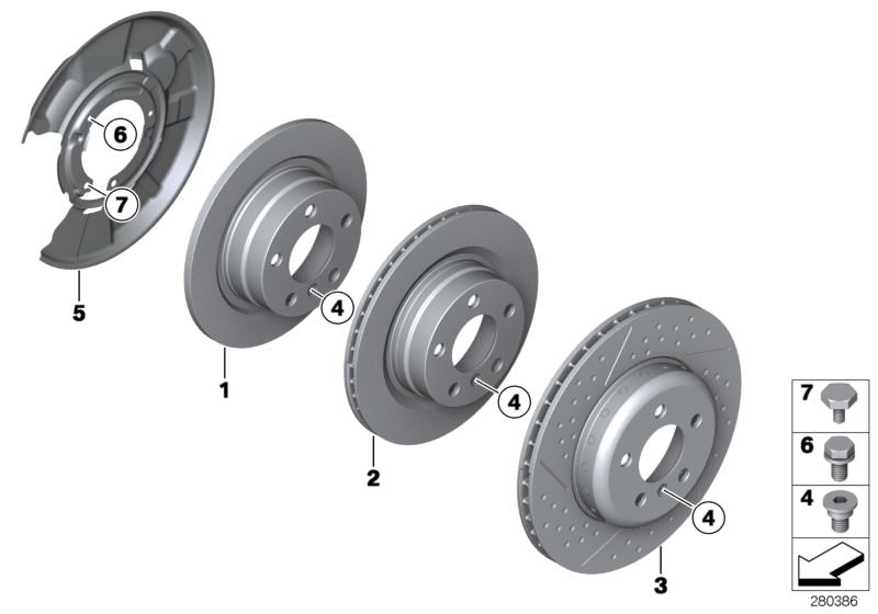 Picture board Rear wheel brake / brake disc for the BMW 1 Series models  Original BMW spare parts from the electronic parts catalog (ETK) for BMW motor vehicles (car)   Brake disc, lightweight, ventilated, Brake disc, ventilated, w/holes, rear, Hex Bolt, 