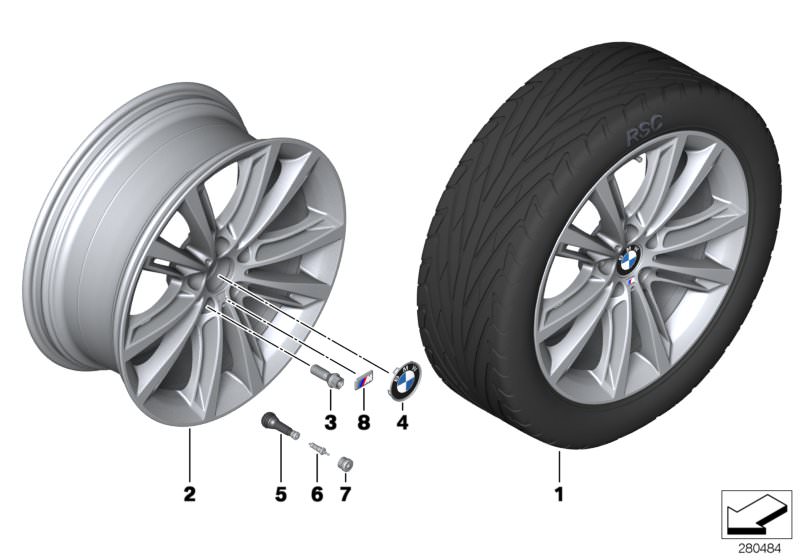Picture board BMW LA wheel, M V spoke 464 for the BMW 5 Series models  Original BMW spare parts from the electronic parts catalog (ETK) for BMW motor vehicles (car)   Hub cap with chrome edge, Light alloy rim Ferricgrey, M badge, Rubber valve, Valve, Valv