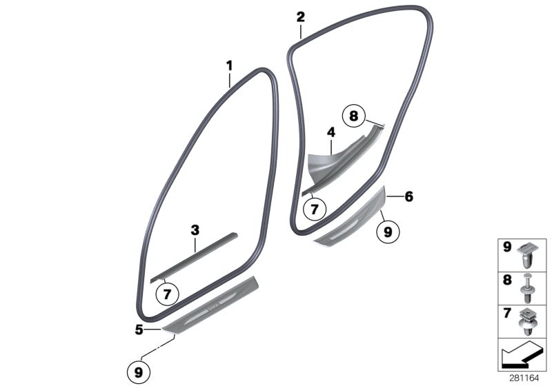 Picture board Mucket / trim, entrance for the BMW 5 Series models  Original BMW spare parts from the electronic parts catalog (ETK) for BMW motor vehicles (car)   Clip Natur, Clip, grey, Cover strip, entrance, inner rear left, Cover strip, entrance, inner