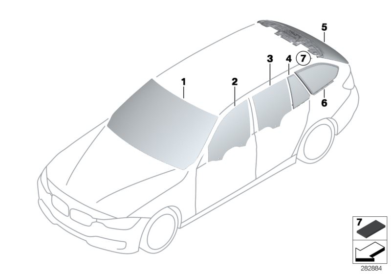 Picture board Glazing for the BMW 3 Series models  Original BMW spare parts from the electronic parts catalog (ETK) for BMW motor vehicles (car)   Door window, front right, Door window, rear right, Fixed door window, right, Hook and loop fastener, Rear wi