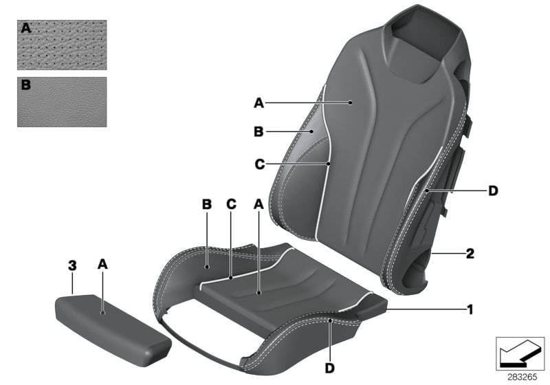 Picture board Indiv. cover, sports seat, A/C leather for the BMW 6 Series models  Original BMW spare parts from the electronic parts catalog (ETK) for BMW motor vehicles (car)   Cover, sports seat, A/C leather, left, Cover, thigh support, A/C leather, Cov