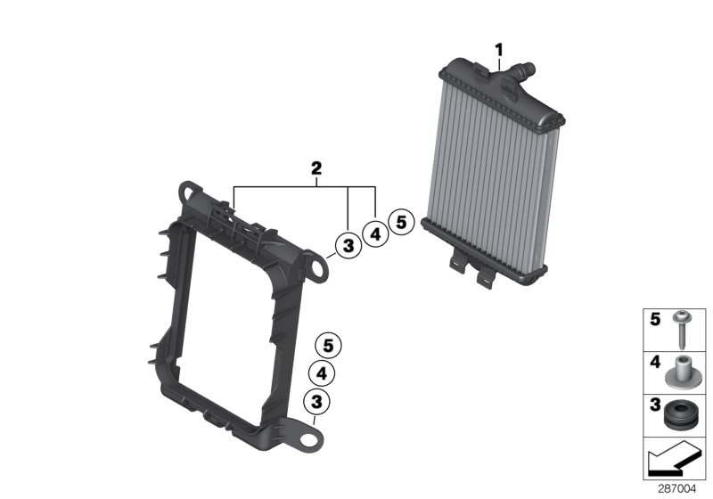 Picture board External radiator for the BMW 1 Series models  Original BMW spare parts from the electronic parts catalog (ETK) for BMW motor vehicles (car)   Countersunk screw, External radiator, Frame, Module mounting, Spacer