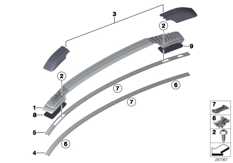Picture board Roof moulding/Roof rail for the BMW X Series models  Original BMW spare parts from the electronic parts catalog (ETK) for BMW motor vehicles (car)   Base, roof railing, front, right, Base, roof railing, rear, right, Clip, Locking clip, Roof 
