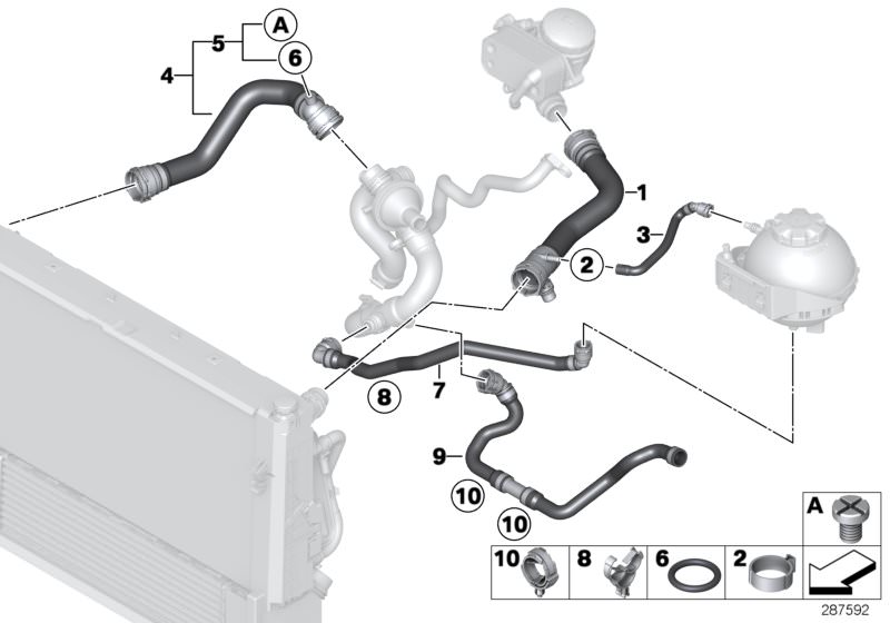 Illustration du Flexibles système de refroidissement pour les BMW 1 Série Modèles  Pièces de rechange d'origine BMW du catalogue de pièces électroniques (ETK) pour véhicules automobiles BMW (voiture)   Coolant hose, Hose clamp, O-ring, Vent screw