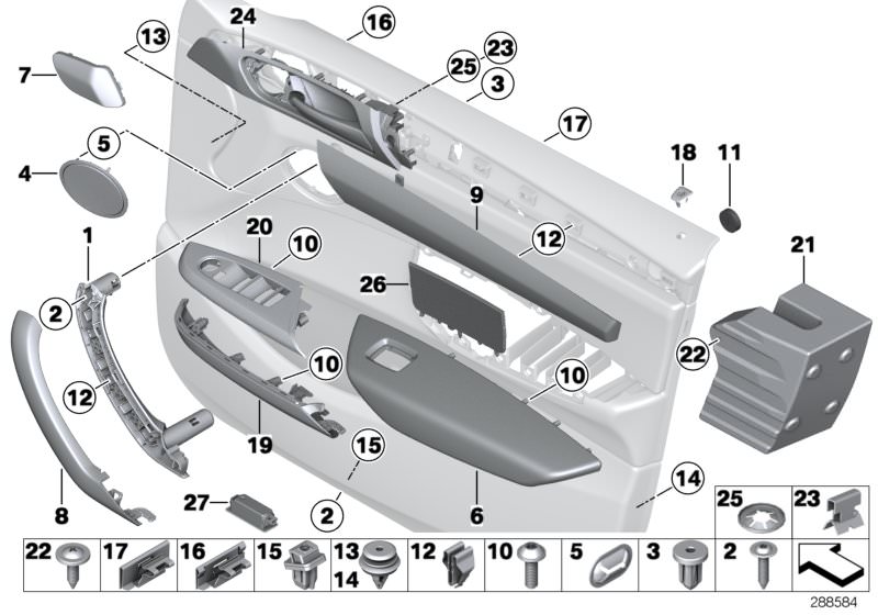 Picture board Mounting parts, door trim panel, front for the BMW X Series models  Original BMW spare parts from the electronic parts catalog (ETK) for BMW motor vehicles (car)   Armrest, left, Axial securing clip, Carrier, door pull, right, Clamp, Clip wi
