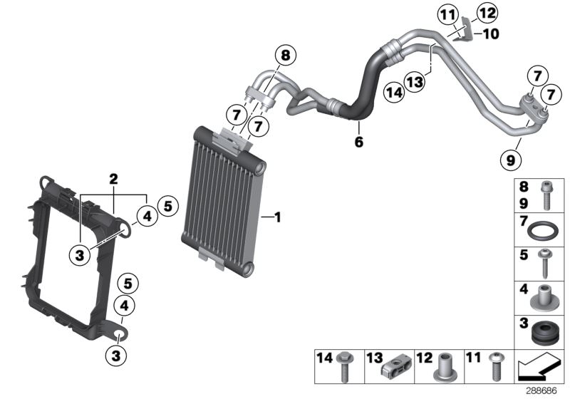 Picture board Engine oil cooler/oil cooler line for the BMW 2 Series models  Original BMW spare parts from the electronic parts catalog (ETK) for BMW motor vehicles (car)   Bracket, oil cooler line, Countersunk screw, Engine-oil cooler, Engine-oil cooler 