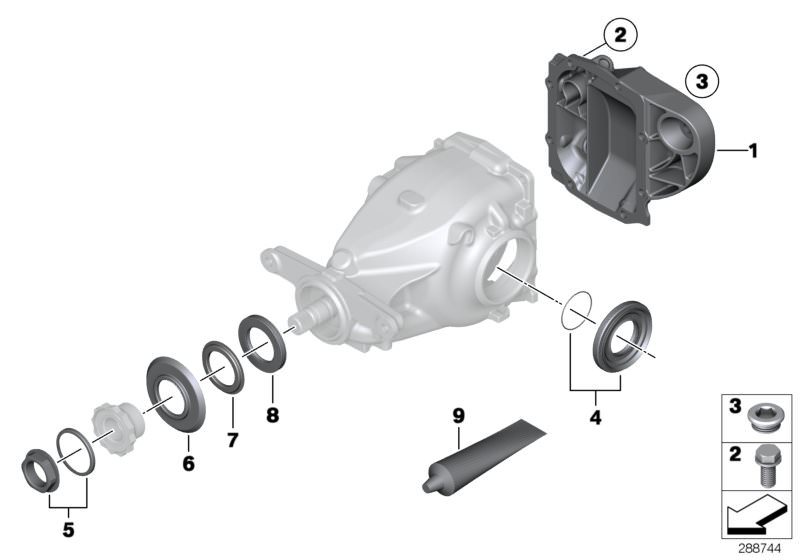 Picture board Rear-axle-drive parts for the BMW 3 Series models  Original BMW spare parts from the electronic parts catalog (ETK) for BMW motor vehicles (car)   Assembly ring, dustcover plate, small, Flanged cap screw, Gasket set differential, Liquid seal