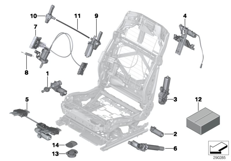 Picture board Seat, front, electrical system & drives for the BMW 5 Series models  Original BMW spare parts from the electronic parts catalog (ETK) for BMW motor vehicles (car)   ACTUATOR F UPPER BACKREST ADJUSTMENT, ACTUATOR THIGH SUPPORT, Drive, backres